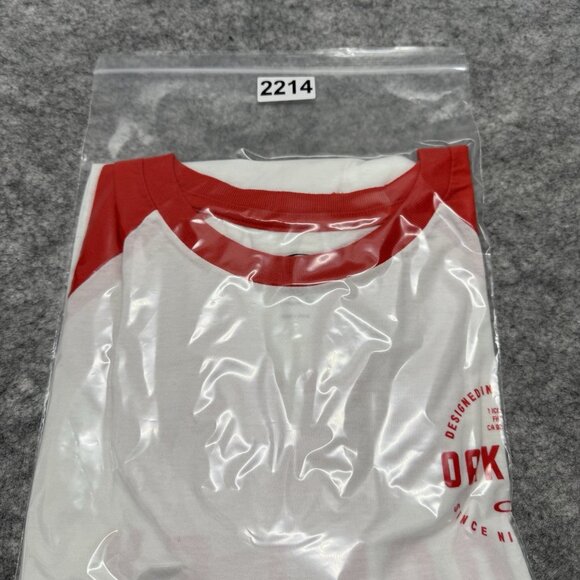 Oakley Men’s Raglan Baseball T-Shirt Size L Red Orange White 3/4 Sleeve Logo - Picture 10 of 10